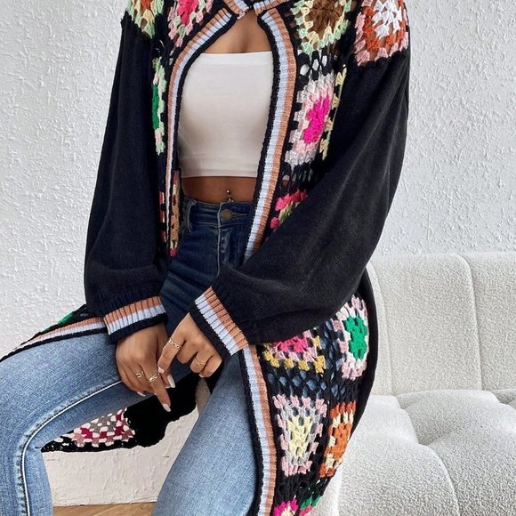 Black Casual Womens Geo Pattern Drop Shoulder Open Front Cardigan - Picture 5 of 5